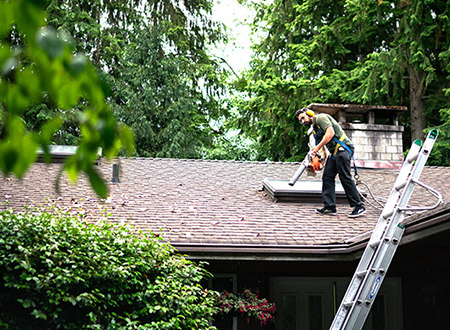 Our roof cleaning crew is blowing off the debris on the roof before washing the roof.